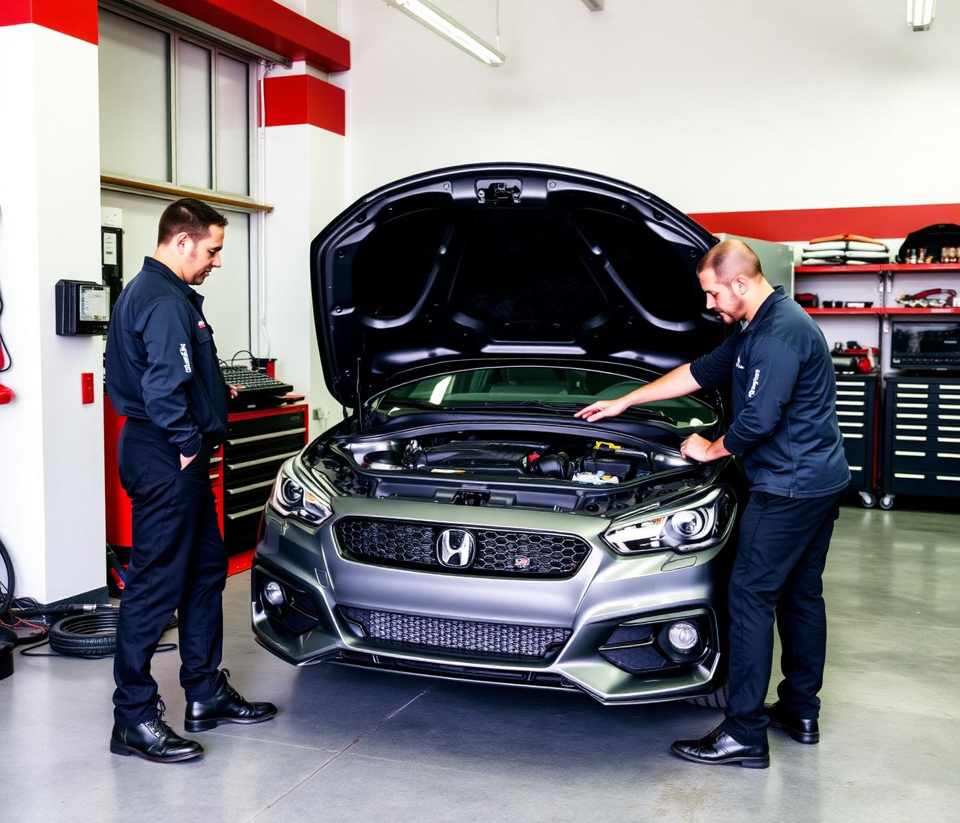 Technicians inspecting a car